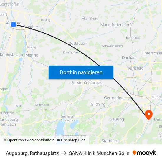 Augsburg, Rathausplatz to SANA-Klinik München-Solln map