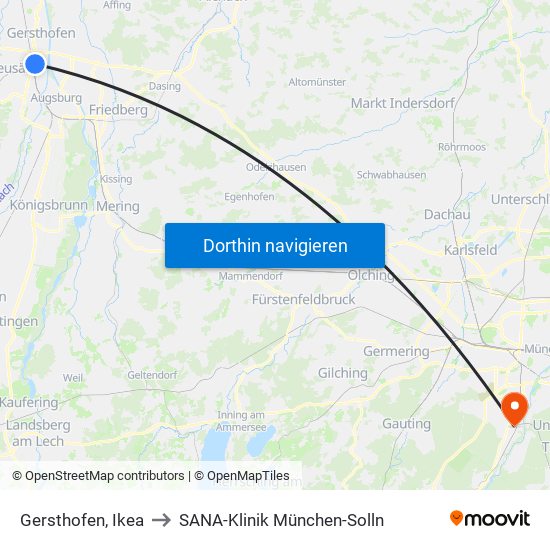 Gersthofen, Ikea to SANA-Klinik München-Solln map