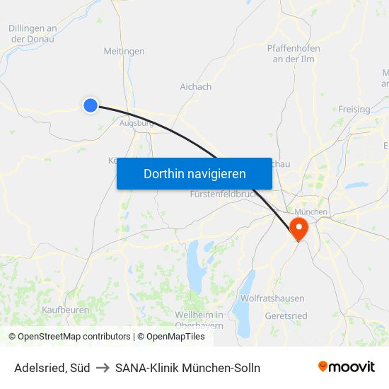 Adelsried, Süd to SANA-Klinik München-Solln map