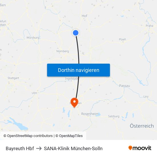 Bayreuth Hbf to SANA-Klinik München-Solln map