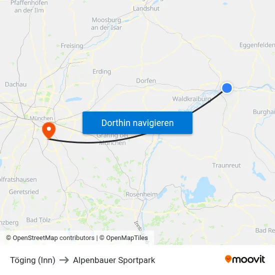 Töging (Inn) to Alpenbauer Sportpark map
