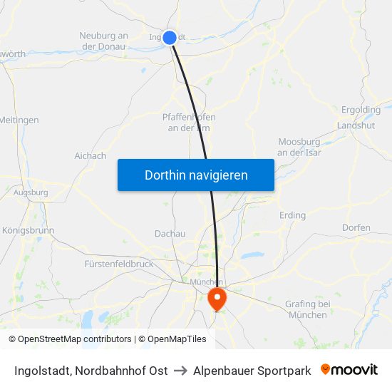 Ingolstadt, Nordbahnhof Ost to Alpenbauer Sportpark map