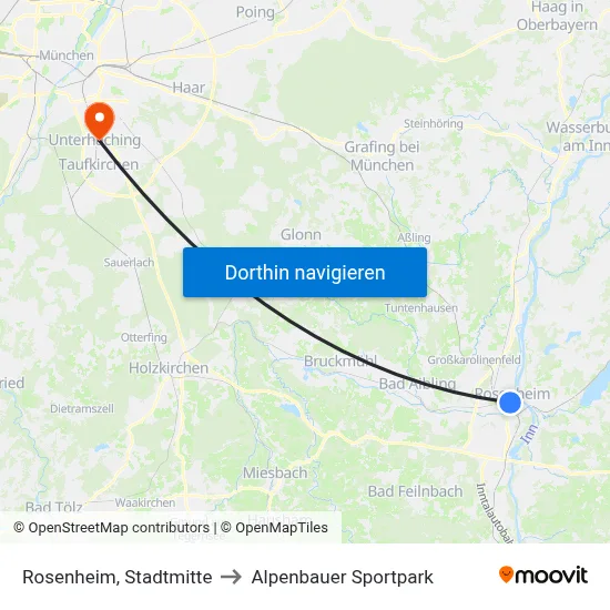 Rosenheim, Stadtmitte to Alpenbauer Sportpark map