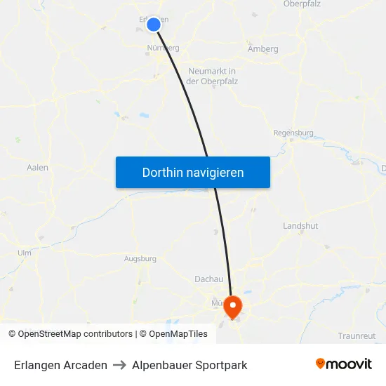 Erlangen Arcaden to Alpenbauer Sportpark map