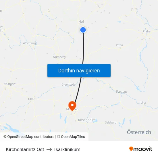 Kirchenlamitz Ost to Isarklinikum map