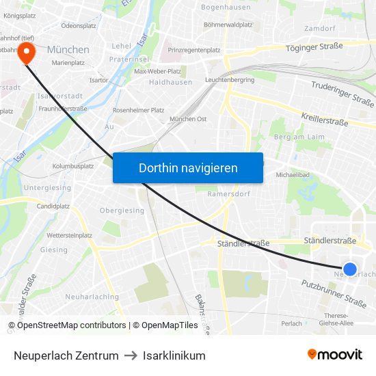 Neuperlach Zentrum to Isarklinikum map