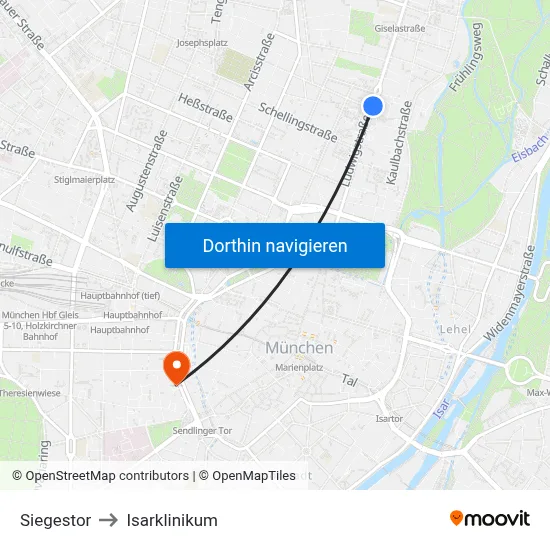 Siegestor to Isarklinikum map
