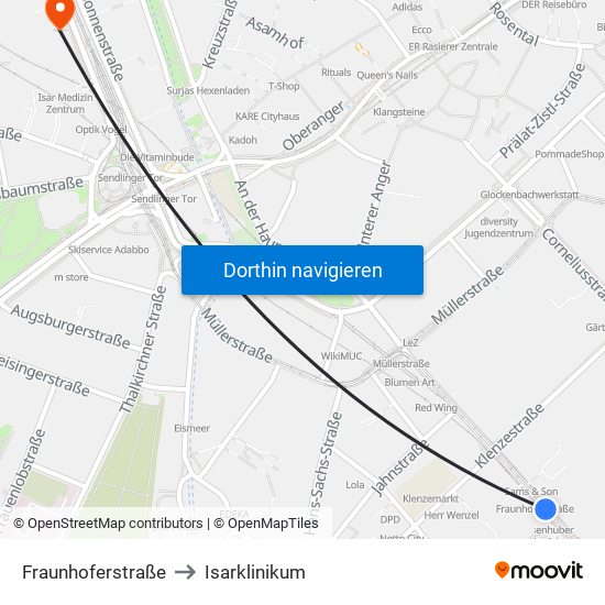 Fraunhoferstraße to Isarklinikum map