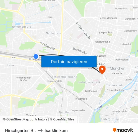 Hirschgarten Bf. to Isarklinikum map