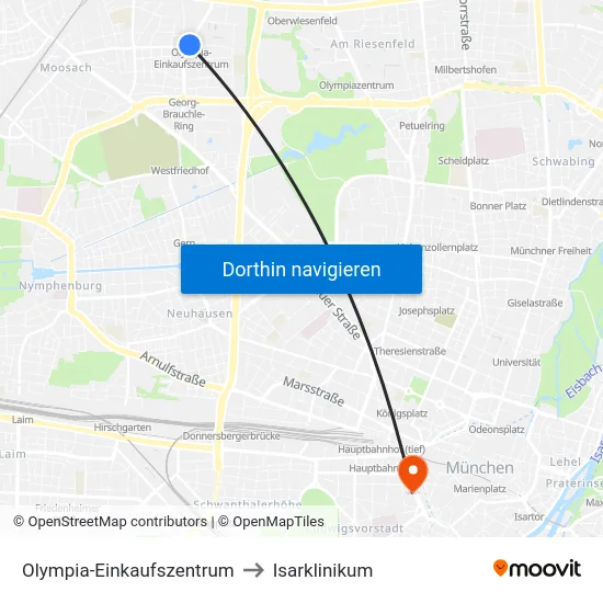 Olympia-Einkaufszentrum to Isarklinikum map
