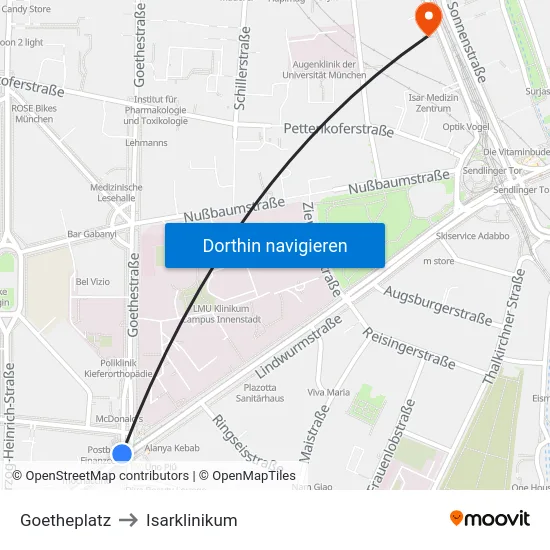 Goetheplatz to Isarklinikum map