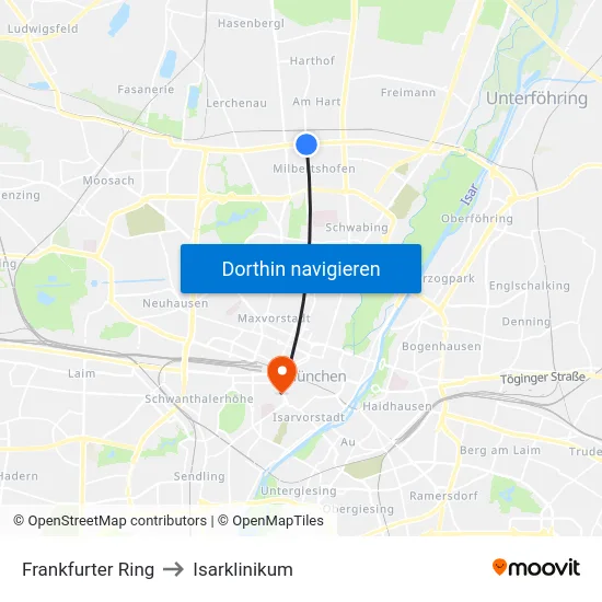Frankfurter Ring to Isarklinikum map