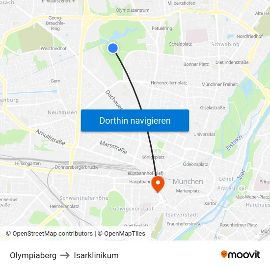 Olympiaberg to Isarklinikum map