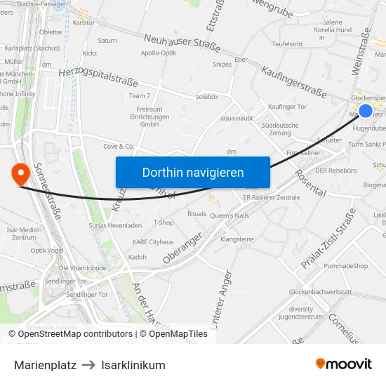 Marienplatz to Isarklinikum map