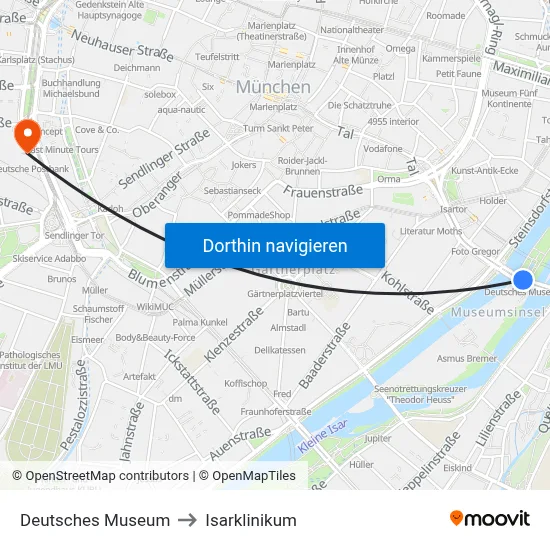 Deutsches Museum to Isarklinikum map