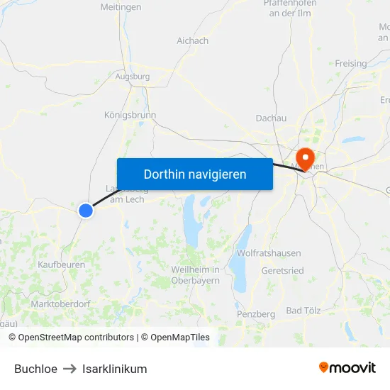Buchloe to Isarklinikum map