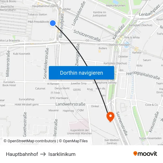 Hauptbahnhof to Isarklinikum map