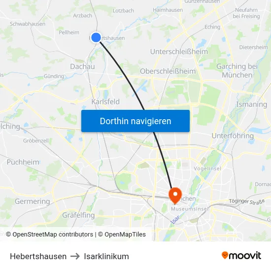 Hebertshausen to Isarklinikum map