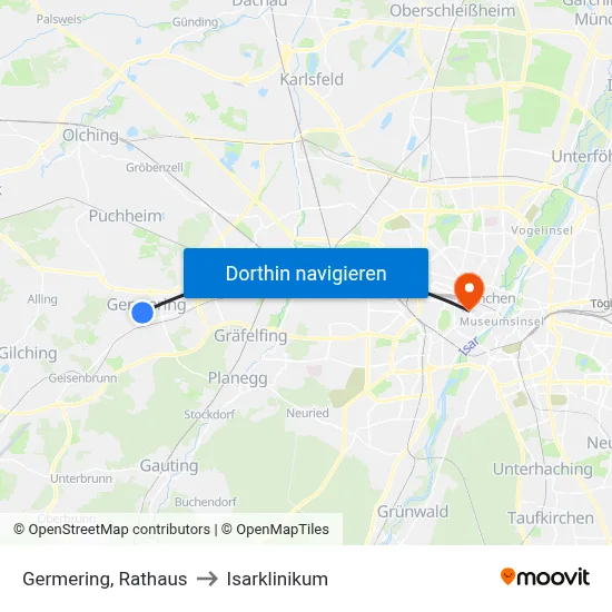 Germering, Rathaus to Isarklinikum map