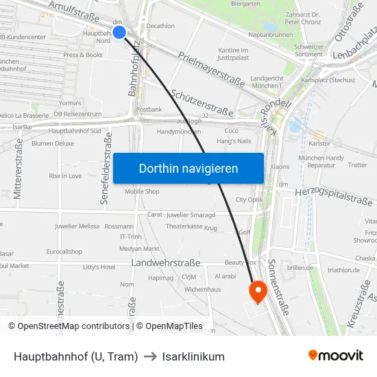 Hauptbahnhof (U, Tram) to Isarklinikum map