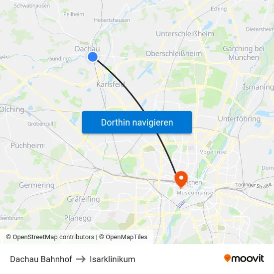 Dachau Bahnhof to Isarklinikum map