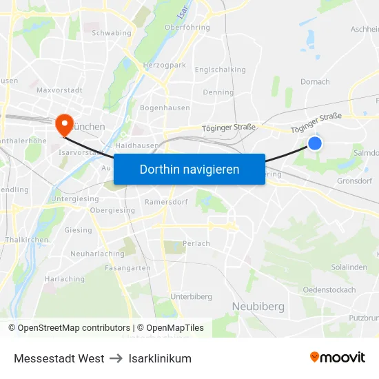 Messestadt West to Isarklinikum map