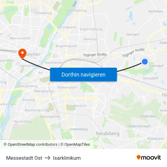 Messestadt Ost to Isarklinikum map