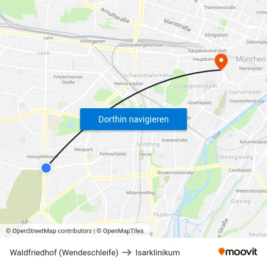Waldfriedhof (Wendeschleife) to Isarklinikum map