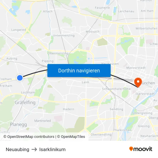 Neuaubing to Isarklinikum map