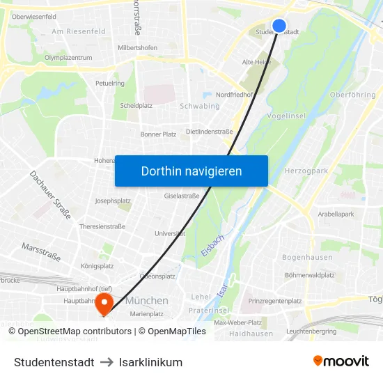 Studentenstadt to Isarklinikum map