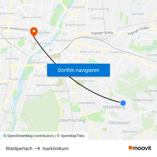 Waldperlach to Isarklinikum map