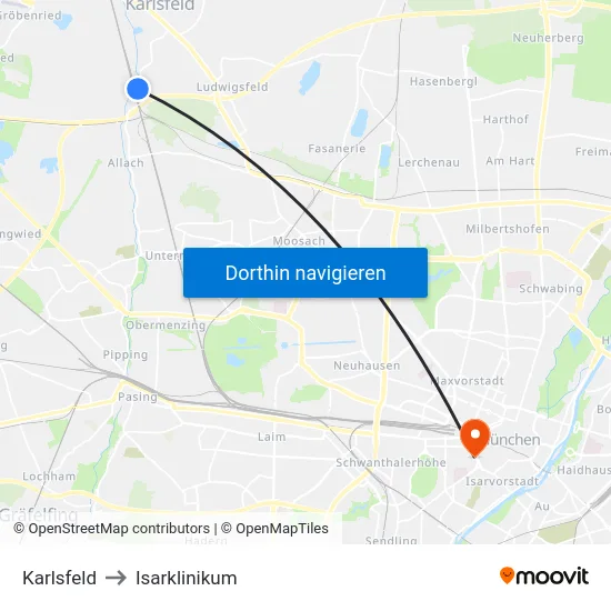 Karlsfeld to Isarklinikum map