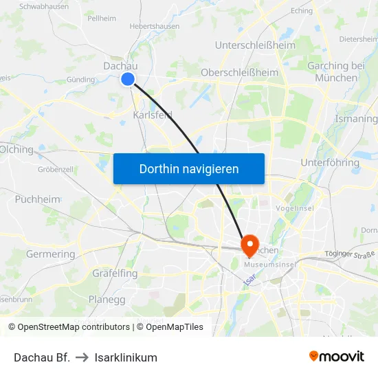 Dachau Bf. to Isarklinikum map