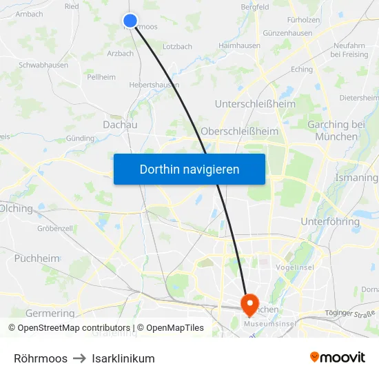 Röhrmoos to Isarklinikum map