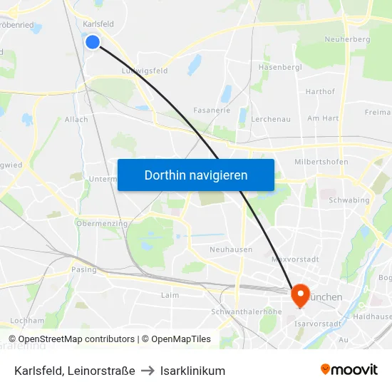 Karlsfeld, Leinorstraße to Isarklinikum map
