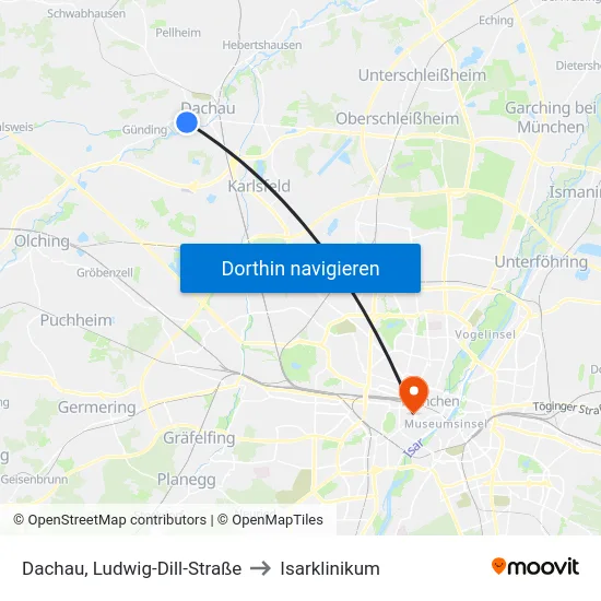 Dachau, Ludwig-Dill-Straße to Isarklinikum map