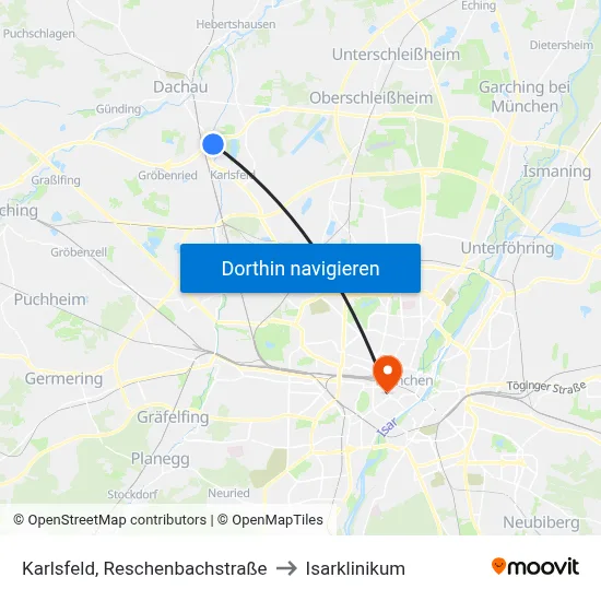 Karlsfeld, Reschenbachstraße to Isarklinikum map