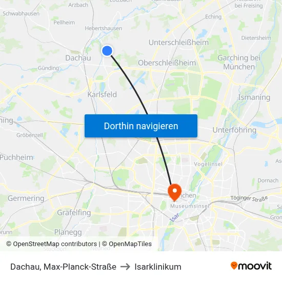 Dachau, Max-Planck-Straße to Isarklinikum map
