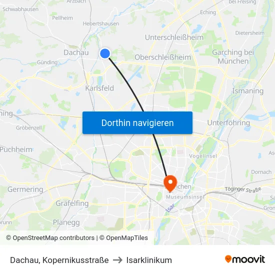 Dachau, Kopernikusstraße to Isarklinikum map