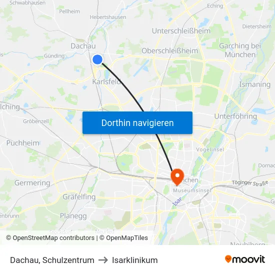 Dachau, Schulzentrum to Isarklinikum map