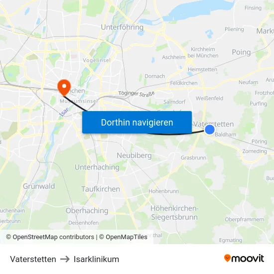 Vaterstetten to Isarklinikum map