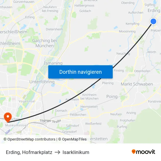 Erding, Hofmarkplatz to Isarklinikum map