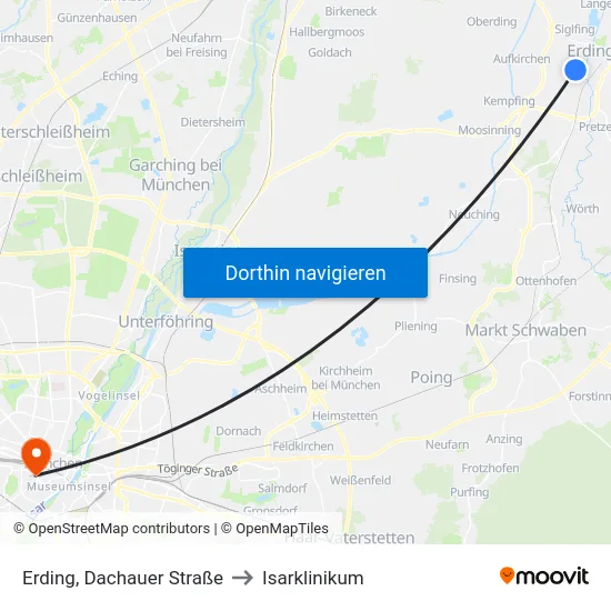 Erding, Dachauer Straße to Isarklinikum map