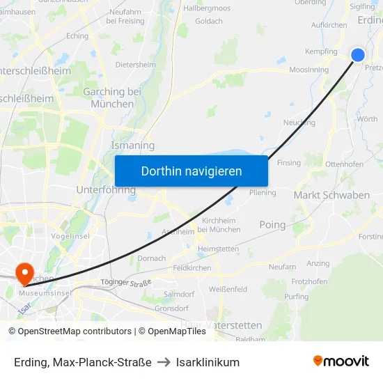 Erding, Max-Planck-Straße to Isarklinikum map