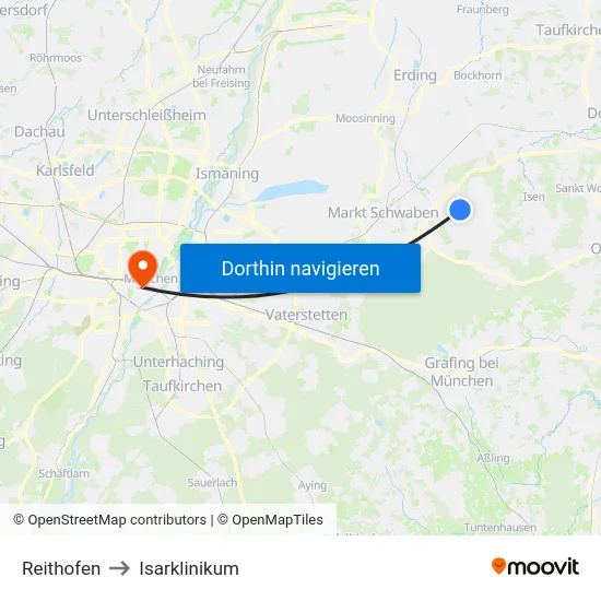 Reithofen to Isarklinikum map