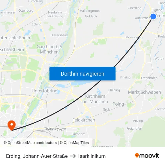 Erding, Johann-Auer-Straße to Isarklinikum map