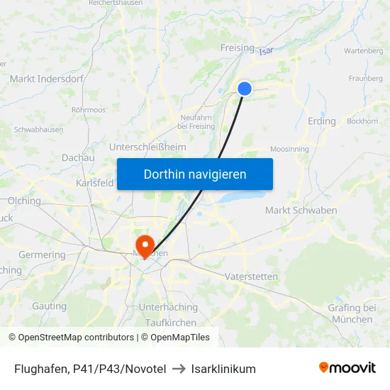 Flughafen, P41/P43/Novotel to Isarklinikum map