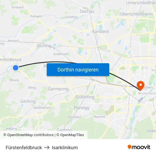 Fürstenfeldbruck to Isarklinikum map