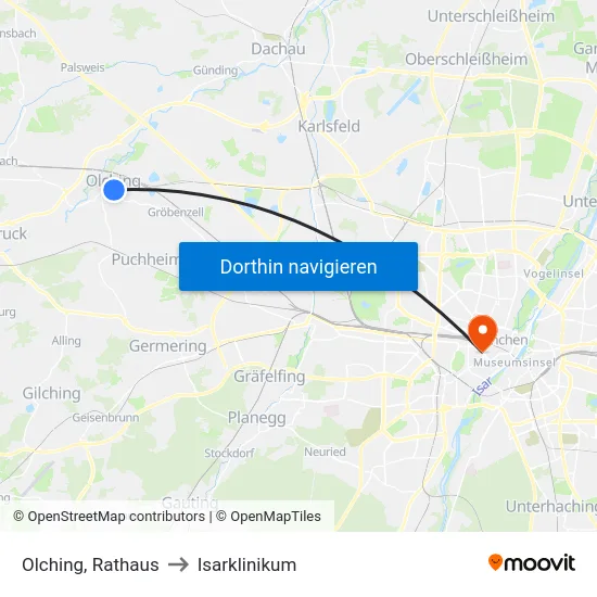 Olching, Rathaus to Isarklinikum map
