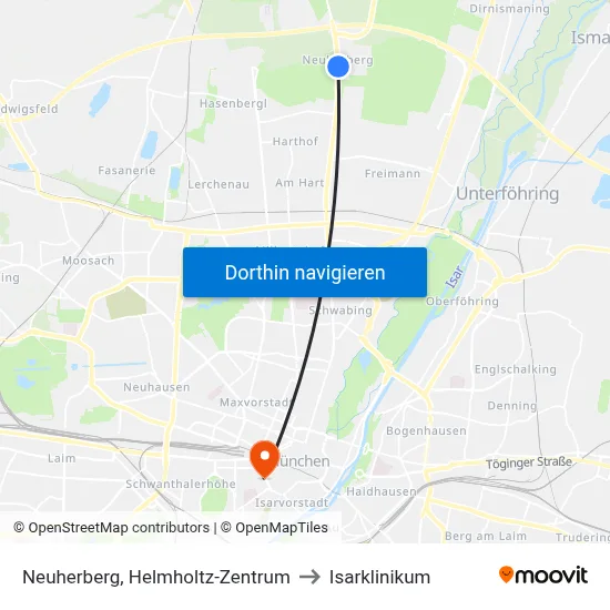 Neuherberg, Helmholtz-Zentrum to Isarklinikum map